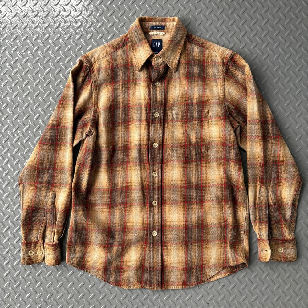 Vintage GAP Men's Tan and Brown Plaid Shirt